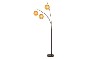 Modern arc floor lamp with three adjustable curved arms and round beige fabric lantern shades, featuring a black metal base and stand.