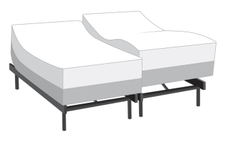 Adjustable split bed frame with black metal legs and two white mattresses featuring ergonomic contouring for personalized comfort and support.