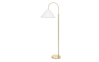 Brass floor lamp with a curved arm and white conical fabric shade, featuring a round metal base for living room or office lighting.