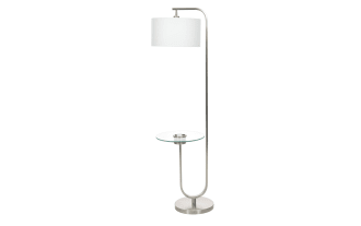 Modern floor lamp with brushed nickel finish, white drum shade, and built-in round glass side table, ideal for living room lighting and decor.
