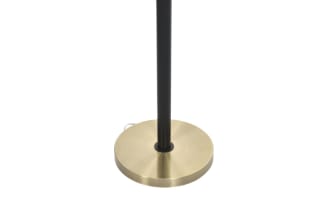 Modern arc floor lamp with three adjustable brass dome shades, black metal curved arms, and a round brass base, ideal for living room lighting.