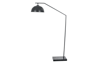Deacon 79'' black LED arc floor lamp with steel construction, transitional style, marble base, and adjustable curved arm for targeted lighting.
