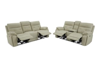 Beige leather reclining sofa with three seats, plush padded armrests, and adjustable headrests, ideal for living room comfort.