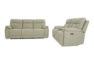 Beige leather reclining sofa with three seats, plush padded armrests, and adjustable headrests, ideal for living room comfort.