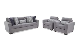 Modern gray fabric sofa and two matching armchairs with dark wooden legs and patterned throw pillows, ideal for contemporary living rooms.