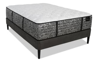 Distinction Hybrid 15'' King Firm Universal Mattress Set with gray paisley-patterned sides, white quilted top, and black trim, featuring edge-to-edge coil support.