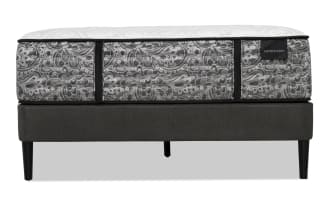 Distinction Hybrid 15'' King Firm Universal Mattress Set with gray paisley-patterned sides, white quilted top, and black trim, featuring edge-to-edge coil support.