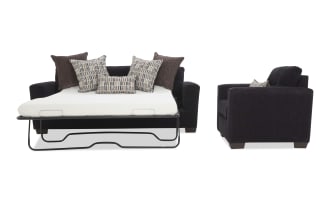 Dark fabric sleeper sofa bed with metal frame mattress support, featuring multiple patterned and solid throw pillows, shown from front and side angles.