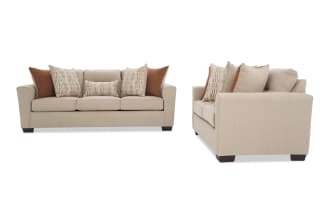 Beige fabric sofa with dark wooden legs, featuring three seat cushions and six decorative pillows in rust and patterned beige tones, shown from front and side angles.