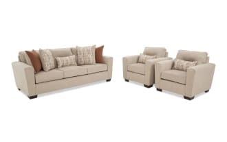 Beige fabric sofa set with three-seat couch and two armchairs, featuring plush cushions and patterned throw pillows, ideal for modern living rooms.