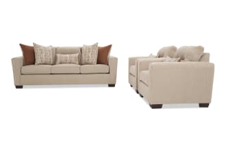 Beige fabric sofa set with three-seat couch and two armchairs, featuring plush cushions and patterned throw pillows, ideal for modern living rooms.
