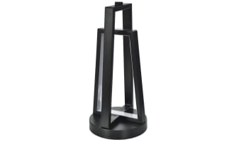 Pair of modern black metal table lamps with open geometric bases and white fabric drum shades, ideal for contemporary home decor.