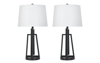 Pair of modern black metal table lamps with open geometric bases and white fabric drum shades, ideal for contemporary home decor.