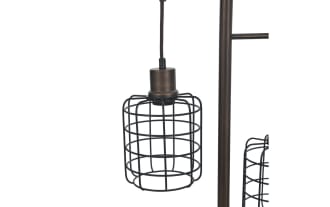 Set of two industrial-style table lamps with dark bronze metal finish, featuring adjustable arms and cage-style wireframe shades.