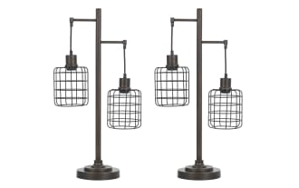 Set of two industrial-style table lamps with dark bronze metal finish, featuring adjustable arms and cage-style wireframe shades.