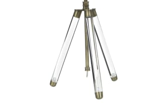Pair of modern tripod table lamps with clear acrylic legs, antique brass accents, and white drum fabric shades, ideal for contemporary decor.