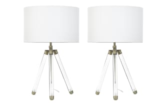 Pair of modern tripod table lamps with clear acrylic legs, antique brass accents, and white drum fabric shades, ideal for contemporary decor.