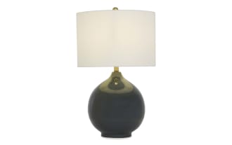 Pair of modern table lamps with glossy dark gray ceramic round bases, brass accents, and white drum fabric shades, ideal for living room decor.
