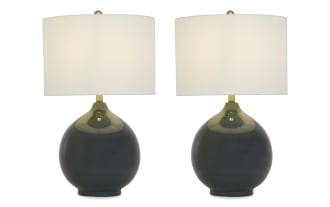 Pair of modern table lamps with glossy dark gray ceramic round bases, brass accents, and white drum fabric shades, ideal for living room decor.