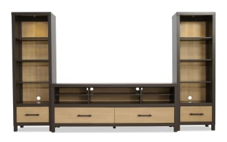 Modern entertainment center with dark brown frame and light wood paneling, featuring two tall shelving units, multiple shelves, and drawers for storage.