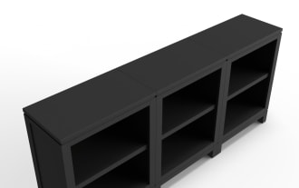 Black wooden bookshelf with three compartments, each featuring two shelves and a dark wood grain back panel, ideal for modern storage.