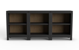 Black wooden bookshelf with three compartments, each featuring two shelves and a dark wood grain back panel, ideal for modern storage.