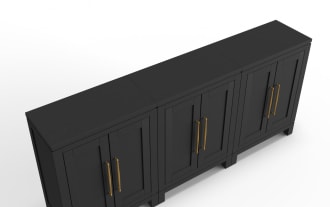 Black wooden sideboard with six paneled doors, gold vertical handles, and a modern, minimalist design for living room storage.