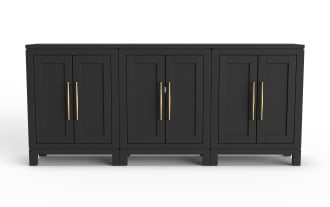 Black wooden sideboard with six paneled doors, gold vertical handles, and a modern, minimalist design for living room storage.