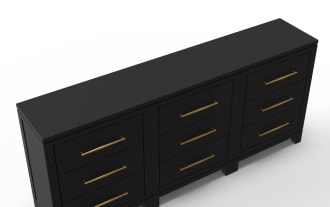 Black wooden dresser with nine drawers, featuring sleek gold handles and a modern, minimalist design ideal for bedroom storage.