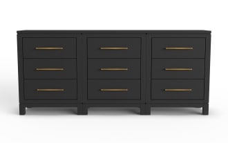 Black wooden dresser with nine drawers, featuring sleek gold handles and a modern, minimalist design ideal for bedroom storage.