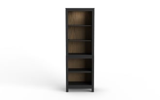 Tall black wooden bookshelf with six open shelves, featuring a dark wood grain back panel, designed for modern storage and display.