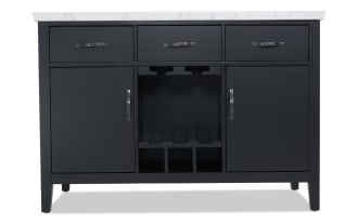 Black wooden kitchen island with white marble countertop, three drawers, two cabinets, and central wine rack storage.