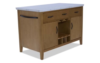 Wooden bathroom vanity with a white marble countertop, featuring three top drawers, two side cabinets, and a central wine rack storage area.