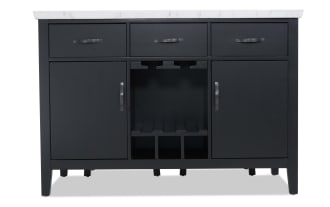 Black wooden bathroom vanity with white marble countertop, featuring three top drawers, two cabinet doors, and central open shelving with wine rack.