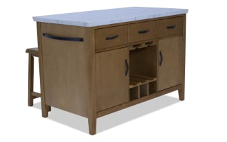 Wooden kitchen island with a white marble countertop, featuring three drawers, two cabinets, a wine rack, and a matching wooden stool.