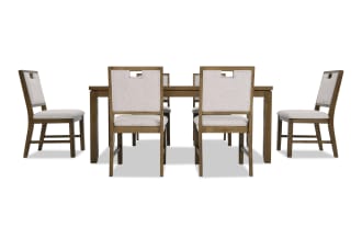 Dining set with six wooden chairs featuring beige upholstered seats and backs, paired with a rectangular wooden table in a natural finish.