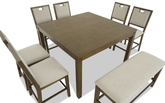 Dining set with a rectangular wooden table, six beige upholstered chairs, and a matching bench with cushioned seat, featuring a modern rustic design.