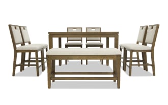 Dining set with a rectangular wooden table, six beige upholstered chairs, and a matching bench with cushioned seat, featuring a modern rustic design.
