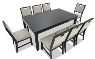 Modern black wooden dining table set with eight beige upholstered chairs, featuring cushioned seats and backrests, ideal for contemporary dining rooms.