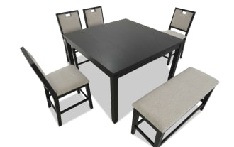 Dark wood dining set with beige upholstered chairs and bench, featuring a rectangular table and modern, cushioned seating for six.