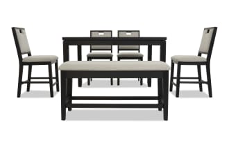 Dark wood dining set with beige upholstered chairs and bench, featuring a rectangular table and modern, cushioned seating for six.