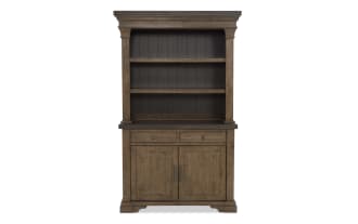 Rustic brown wooden hutch with two open shelves, two drawers, and a two-door cabinet, featuring metal handles and a plank back panel.