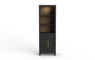 Tall black wooden cabinet with two gold handles on lower double doors and two open shelves above, featuring a dark wood back panel.