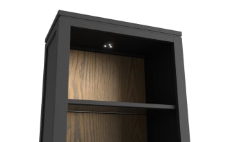 Tall black wooden cabinet with two open shelves and three drawers featuring brass handles, suitable for storage and display.