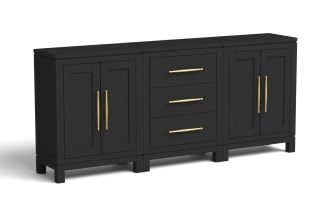 Black wooden sideboard with three central drawers and two double-door cabinets on each side, featuring gold metal handles, modern design.
