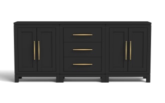 Black wooden sideboard with three central drawers and two double-door cabinets on each side, featuring gold metal handles, modern design.