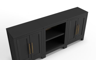 Black wooden sideboard with two double-door cabinets on each side, open middle shelving with wood grain back, and gold vertical handles.