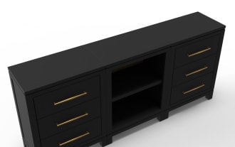 Black wooden sideboard with six gold-handled drawers and a central open shelving unit with two shelves, featuring a modern design.