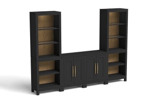 Black wooden entertainment center with open shelves and closed cabinets, featuring gold handles and a two-tone dark wood finish.