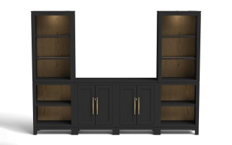 Black wooden entertainment center with open shelves and closed cabinets, featuring gold handles and a two-tone dark wood finish.